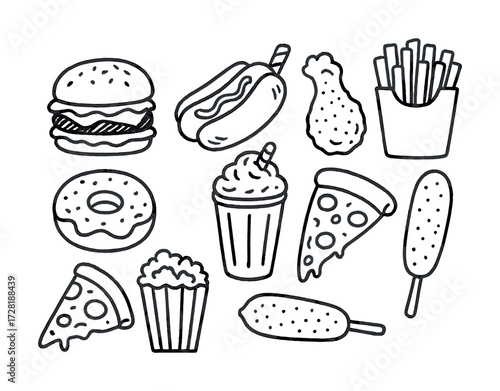 Assorted fast food icons: burger, pizza, hot dog, fries, donut, chicken drumstick, milkshake, popcorn