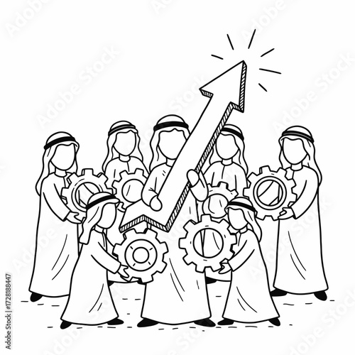 A group of Arab figures collaborate, holding gears and an upward arrow, symbolizing growth and teamwork.
