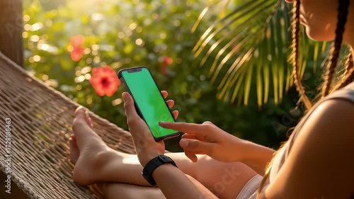 Woman using smartphone with green screen rests in a hammock outdoors with lush green foliage and warm sunlight suggesting relaxation and digital connection
