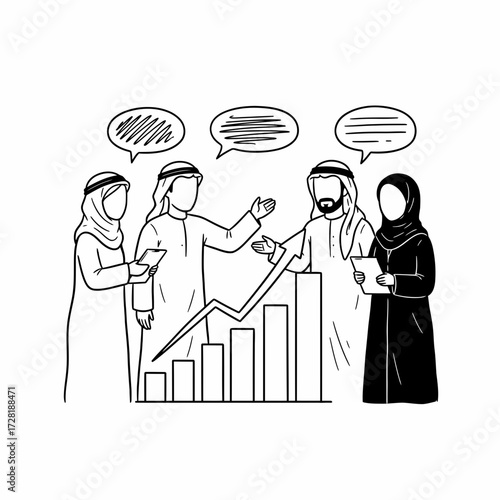 A group of Middle Eastern business people discussing a positive growth chart.