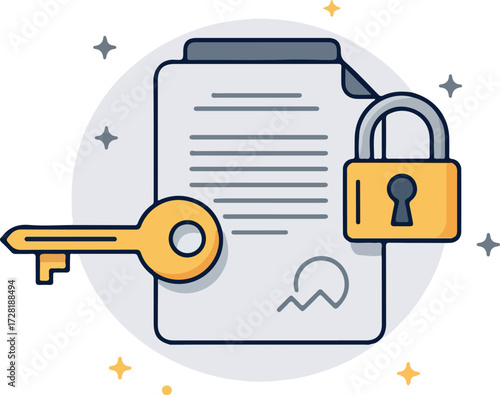 Secure document with key and padlock representing confidentiality and protection.
