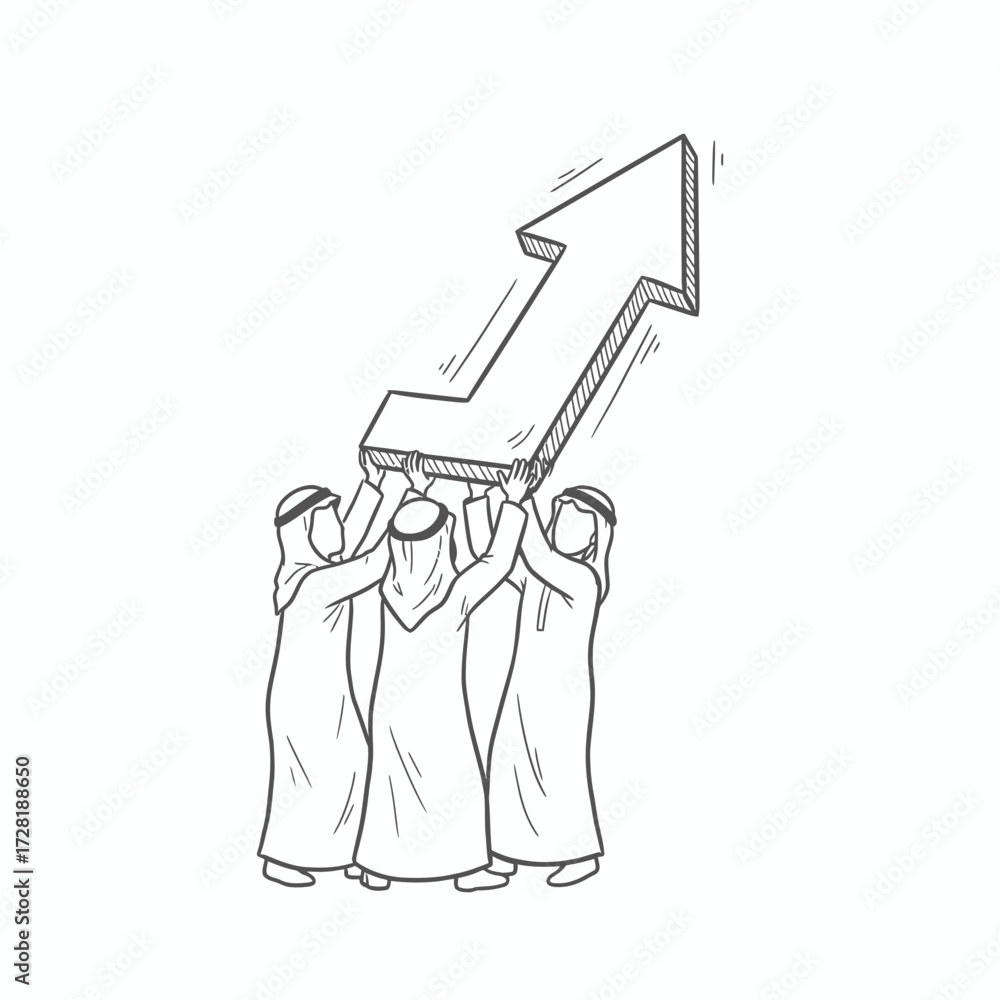 Obraz premium Three men in traditional Arab clothing lift a large upward pointing arrow, symbolizing growth.