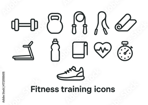 Set of fitness training icons: dumbbell, kettlebell, jump rope, yoga mat, treadmill