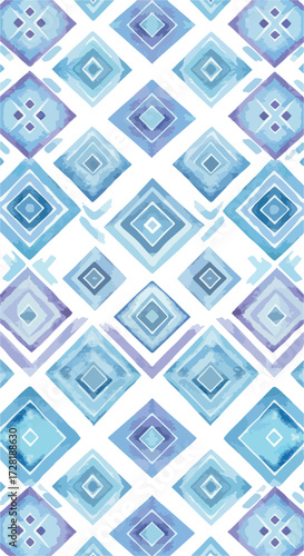 Geometric diamond pattern in shades of blue and white watercolor design.