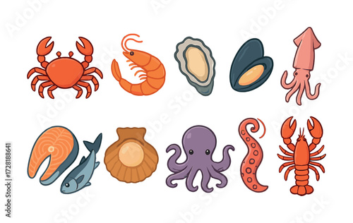Colorful cartoon sea animals collection
