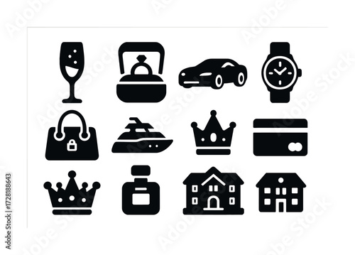 Luxury icons: car, yacht, jewelry, and more in black silhouette style