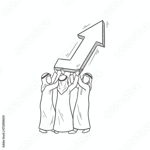 Three men in traditional Arab clothing lift a large upward pointing arrow, symbolizing growth.