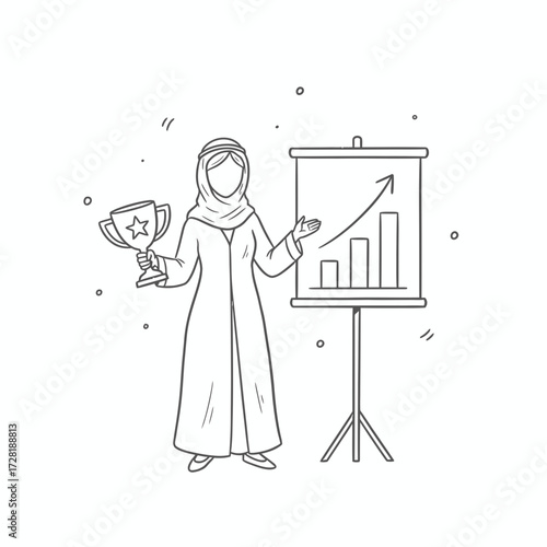 A woman in traditional clothing presents a growth chart while holding a trophy, indicating success.