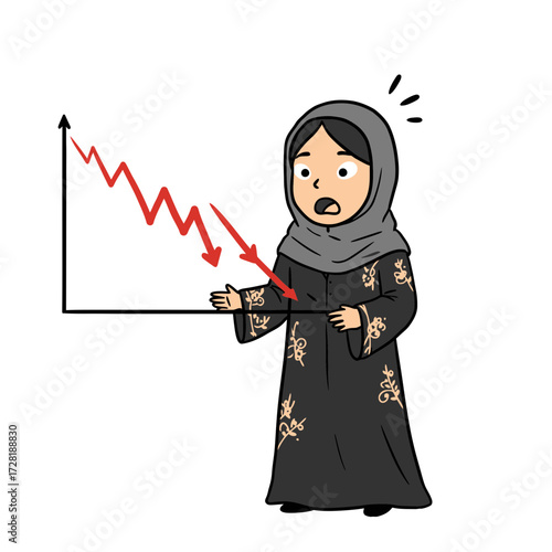 A concerned woman in traditional attire gestures at a declining financial graph.