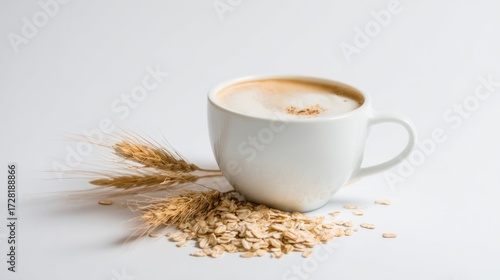 A Close-up View of a Steaming Cup of Oat Milk Coffee, and Loose Oats Scattered Beside It, Emphasizing the Importance of Healthy and Nutritious Food Choices in Daily Life