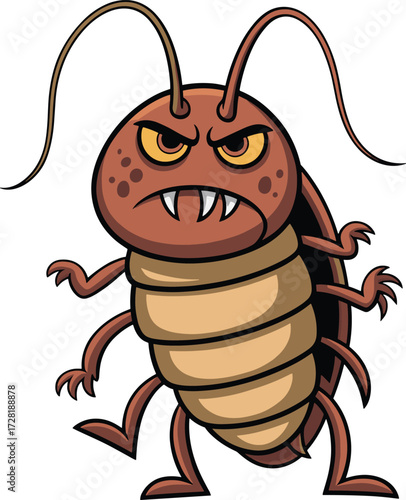 Angry cartoon cockroach character, aggressive bug illustration, funny pest design, expressive insect artwork, clawed limbs, frowning face, digital drawing, vector style