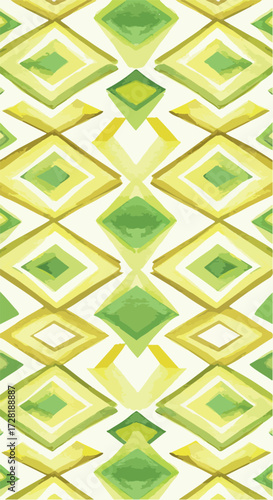 Geometric diamond pattern in shades of green and yellow watercolor.