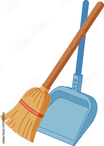 Broom and dustpan illustration, household cleaning tools, vector artwork, straw broom with wooden handle, blue plastic dustpan, clip art, tidy concept