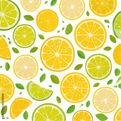 Vibrant Citrus Fruit Pattern with Slices of Lemons Limes and Green Leaves on White Background