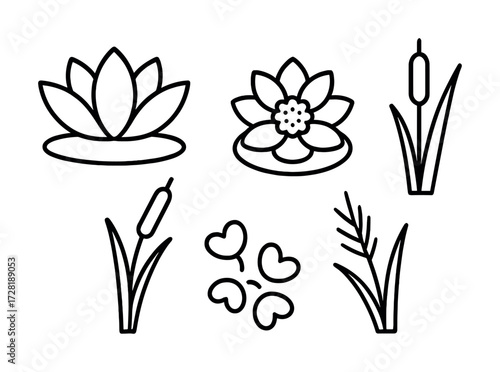 Minimalist lotus and aquatic plant icon set in simple line art style