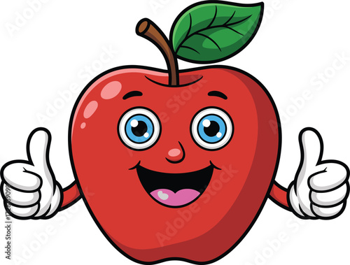 Cartoon apple character, smiling fruit mascot, thumbs up gesture, healthy food icon, vector illustration, red apple with happy face