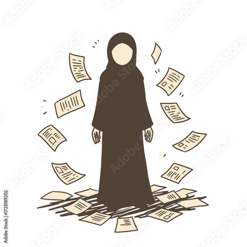 A woman in a hijab stands surrounded by scattered papers, possibly overwhelmed or stressed.