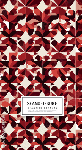 Geometric floral pattern design with red and white color scheme for fabric.