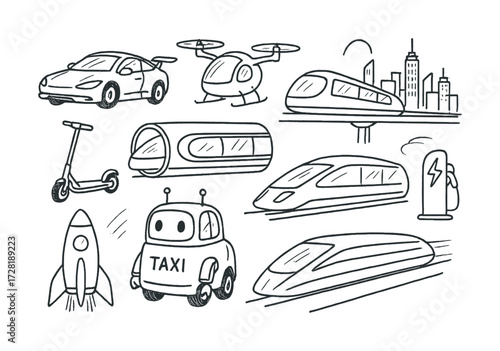 Futuristic transportation concepts: cars, trains, drones, scooters, and rockets