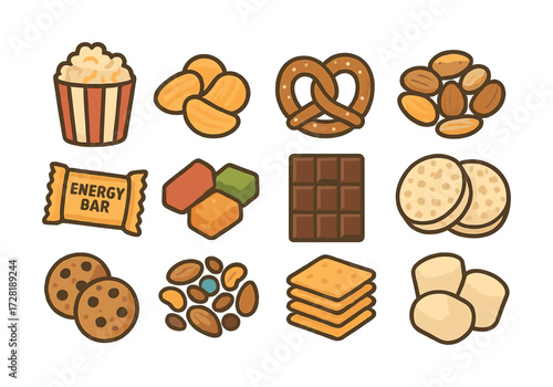 Assorted snack icons: popcorn, pretzels, chocolate, nuts, crackers, energy bar