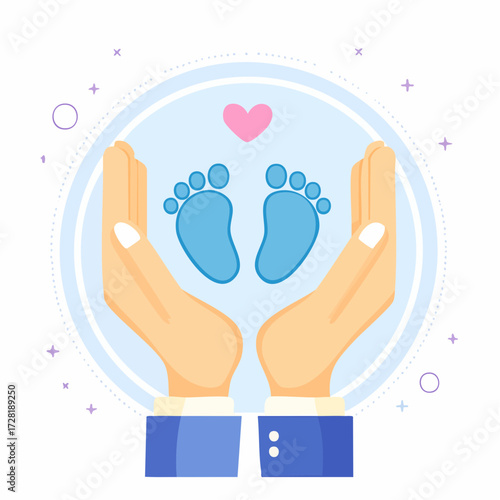 Animated Illustration of Two Hands Protecting Baby Footprints with a Heart Symbol in a Light Blue Circle Background