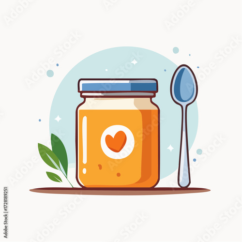Cartoon Illustration Of Baby Food Jar Spoon And Green Leaf On White Background