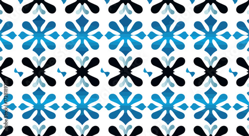 Geometric floral pattern with blue and black flower shapes on white background.