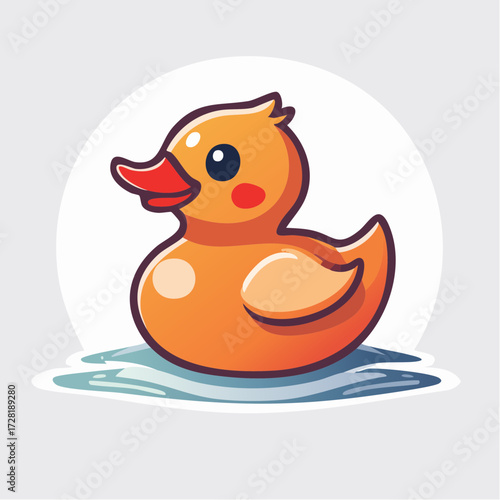Cartoon Illustration of Rubber Duck Toy on Water with Light Blue and Orange Color Scheme
