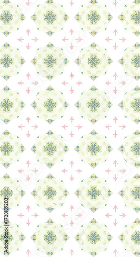 Geometric floral pattern repeating design with symmetrical shapes and soft colors.