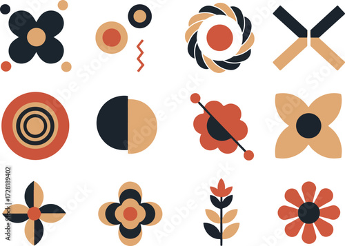 Geometric floral patterns in various shapes and colors artistic design.