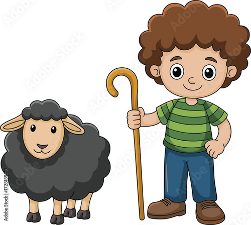 Cartoon child shepherd with curly hair, holding shepherd's crook, standing next to black sheep, smiling expression, vector drawing, farm scene