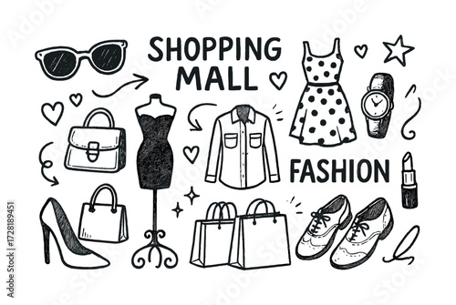 Shopping mall fashion sketches: dresses, accessories, footwear, style icons