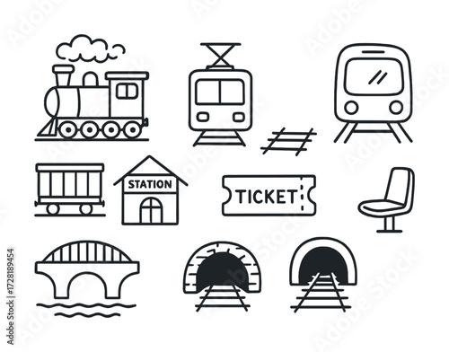 Train and tram doodle icons: train, tram, station, ticket, bridge, tunnel