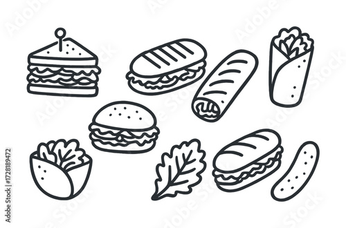 Hand-drawn sandwich and snack collection featuring various tasty doodles