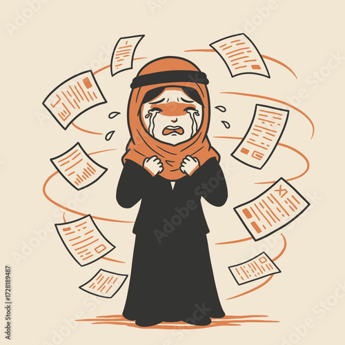A distraught woman in traditional attire weeps, surrounded by swirling documents.