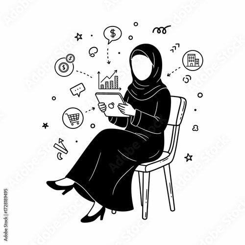 An illustration of a woman in traditional attire using a tablet, analyzing financial data.