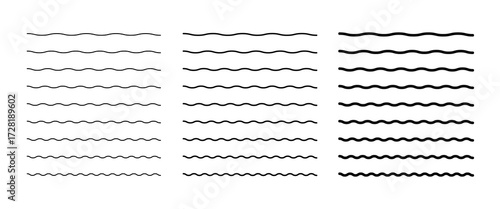 A set of simple horizontal wavy underlining lines, isolated on white is the sign of water, sine, wave, vector. Abstract graphic element, black silhouette for design, decoration, highlighting, border, 