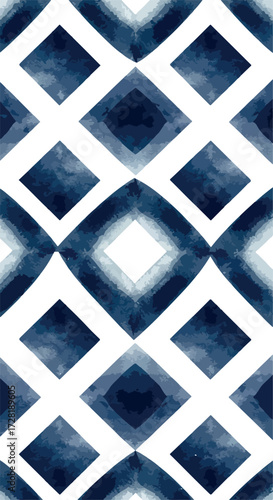 Geometric indigo diamond pattern watercolor design for textile or wallpaper.