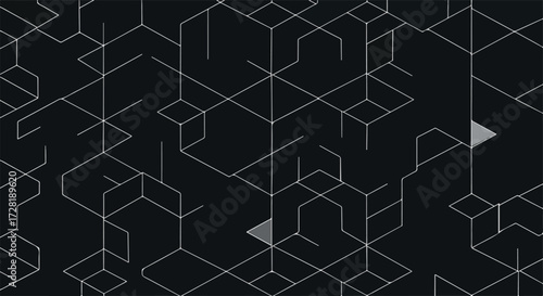 Geometric network of interconnected lines forming abstract structures on dark background.