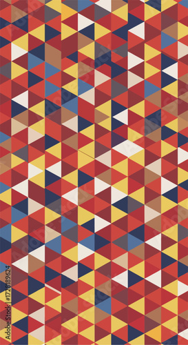 Geometric mosaic of colorful triangles creating a vibrant abstract pattern.