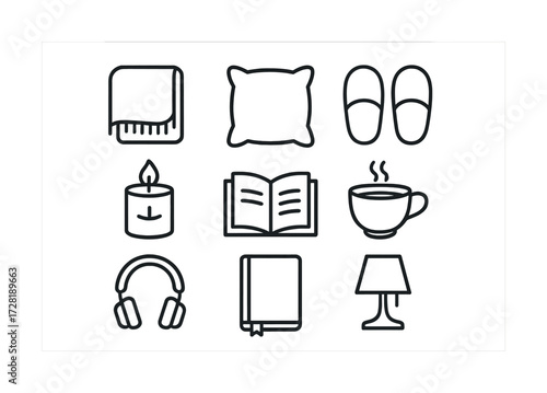 Cozy icons: blanket, pillow, slippers, candle, book, coffee, headphones, journal, lamp