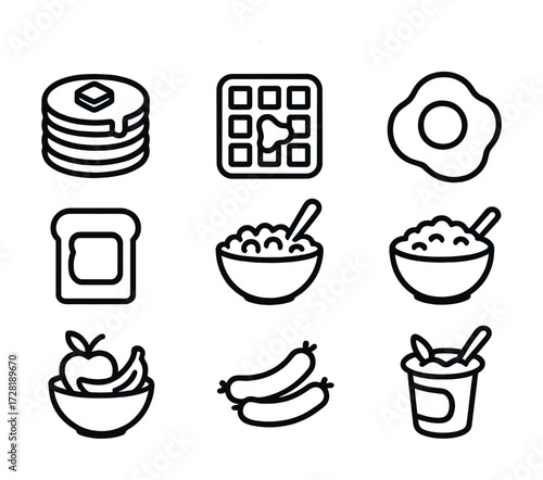 Breakfast icons: pancakes, waffle, egg, toast, cereal, fruit, sausages, yogurt