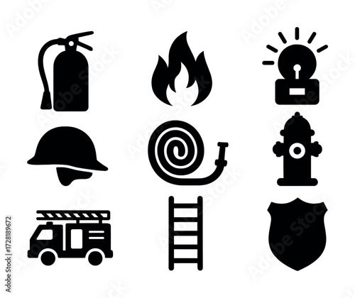 Fire safety icons: extinguisher, helmet, hydrant, ladder, fire truck, shield