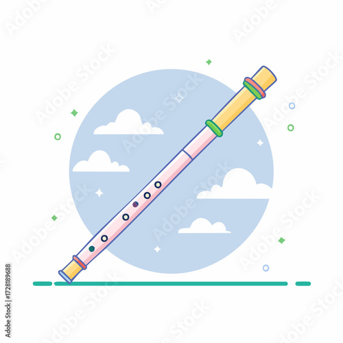 Cartoon Illustration of a Colorful Flute with Pastel Hues and Blue Sky Background