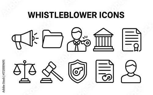 Whistleblower icons set: symbols of justice and confidentiality