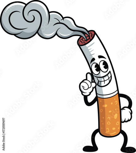 Cartoon cigarette character illustration, smoking humor design, anthropomorphic tobacco stick, health awareness concept, vector artwork, warning message, digital drawing, mascot style