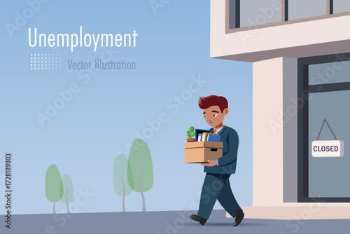 Unhappy businessman holding his belongings in cardboard box leaving office after business closed. Layoff, fired notice from business bankruptcy. Vector.