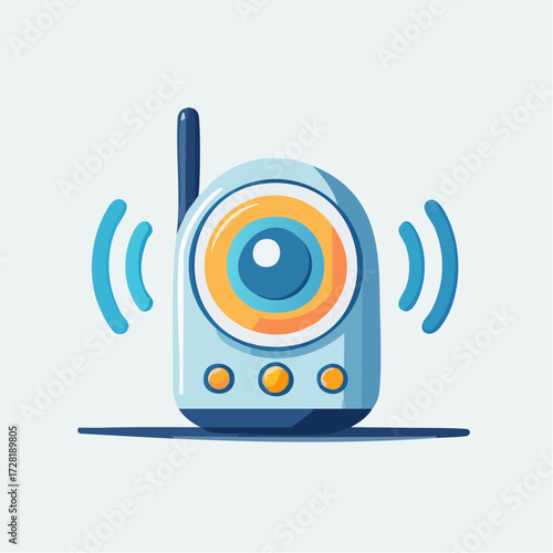 Cartoon illustration of baby monitor device with antenna and sound waves