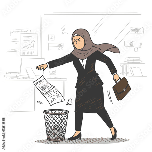 An angry businesswoman in a hijab throws a failed document into the trash can.