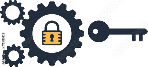 Security concept with gears lock and key representing protection.